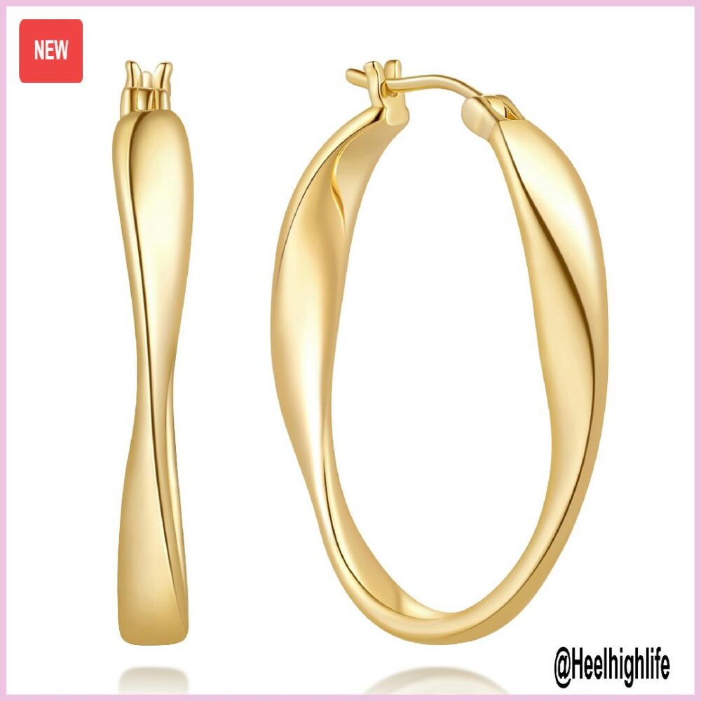 14k Gold Twisted Hoop Earrings 30mm Hinged Closure Lightweight